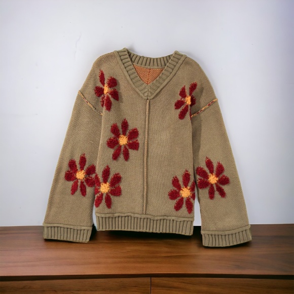 Sage Green Flower Knit V Neck Sweater - Picture 3 of 5